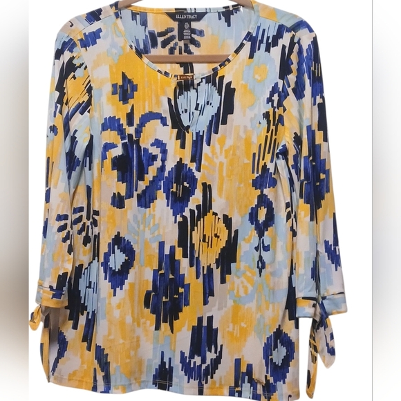 Ellen Tracy - NWT, Multi Colored Blouse, Gold Logo In Round Neck, 3/4 Sleeve W/ - Picture 5 of 11